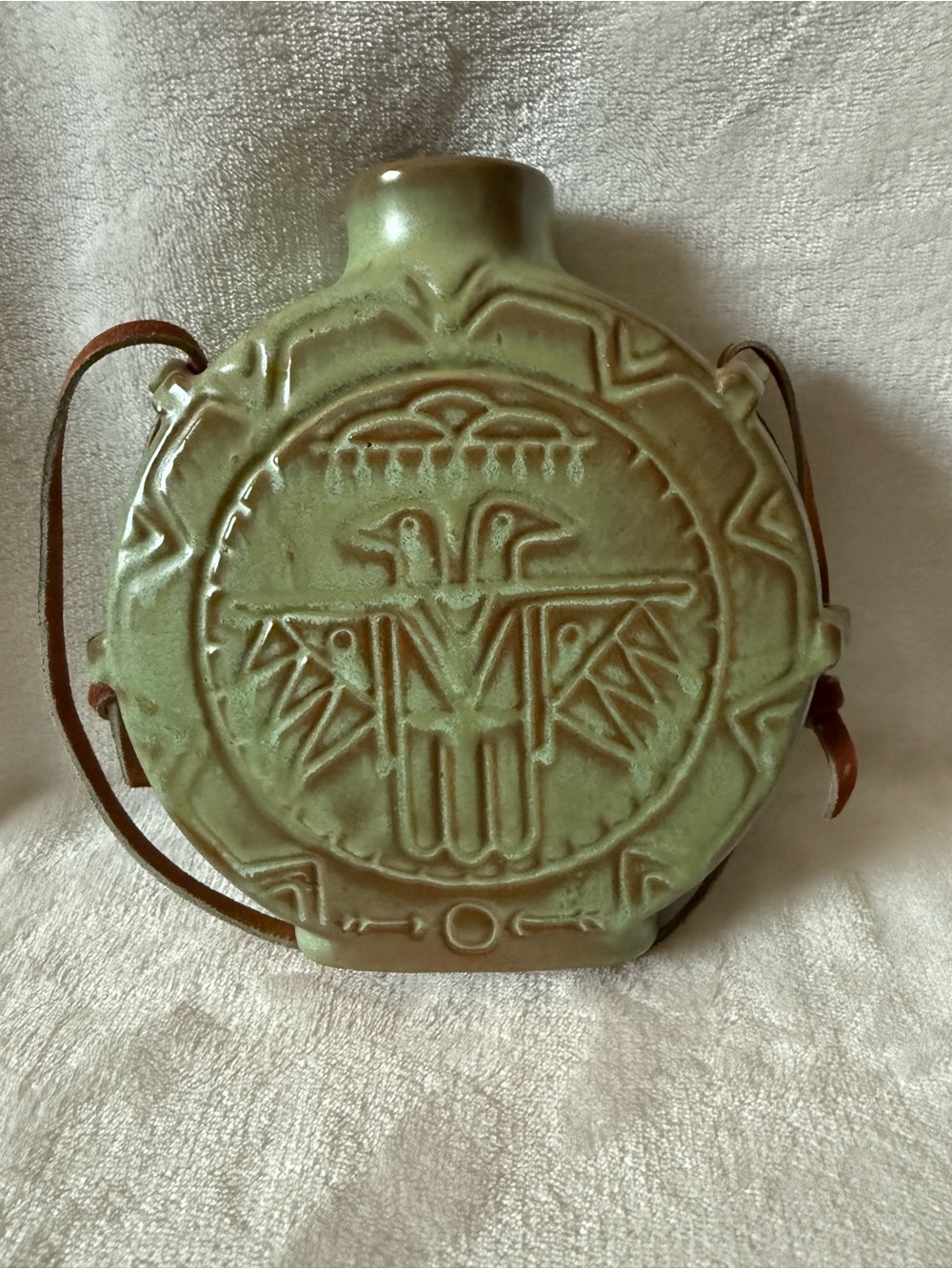 Frankoma Green Relief Thunderbird Flask with Brown Strap